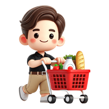 A cartoon boy with a shopping cart png
