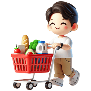 A boy pushing a shopping cart with food png