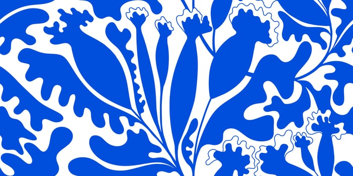 Fauvism style seamless floral pattern. Blue and white background with abstract plants silhouette. Geometric flower buds. Portuguese azulejos. Vintage texture. Decorative simple botanical pattern vector
