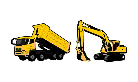 illustration dump truck and excavator loading vector