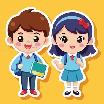 sticker of cute school boy and girl with books vector