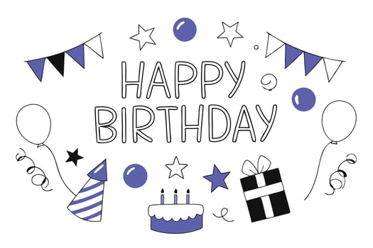 happy birthday card with balloons, cake, and other items vector