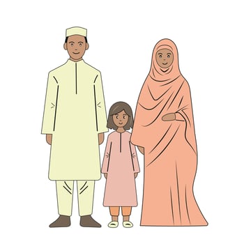 Arab family happiness, father in traditional outfit, mother in hijab, daughter, love and unity vector