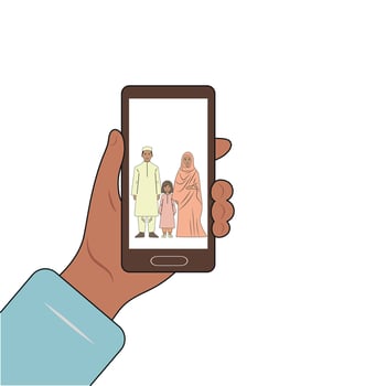 phone. Arab family father, mother, child. vector