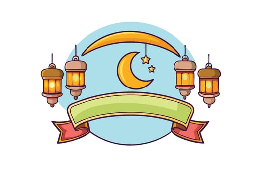 Illustration of a crescent moon and hanging lanterns with stars and a banner, ideal for Ramadan Islamic Background celebration designs vector