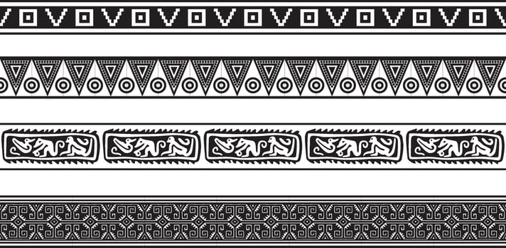 set of seamless monochrome national native american ornaments. Endless ethnic black borders, frames of the peoples of America, Aztec, Maya, Incas. For sandblasting, plotter and laser cutting. vector