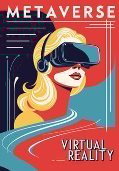 Metaverse retro style poster with beautiful blond woman wearing virtual reality headset vector
