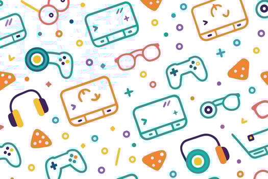 a colorful pattern with game controllers and other items vector