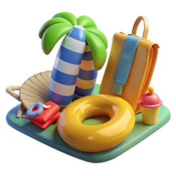 Summer Vacation Essentials Beach Bag, Inflatable Ring, and Palm Tree png