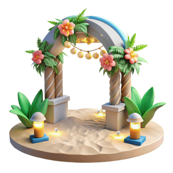 Tropical Floral Archway with Lights on Sandy Beach png