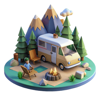 Relaxing Camping Scene Camper Van, Mountains, and Bonfire png