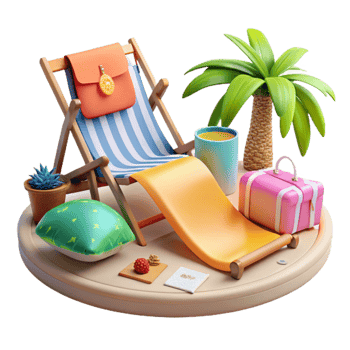 Relaxing Beach Vacation Sun Lounger, Palm Tree, and Summer Essentials png