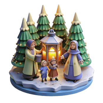 Winter Night Lantern Scene with Children and Figures png
