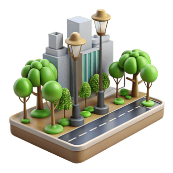 Urban Cityscape 3D Model of Street, Buildings, and Trees png