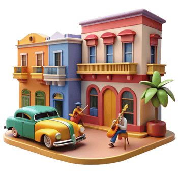 Vibrant Street Scene Classic Car, Colorful Buildings, Musicians png