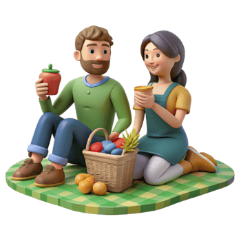 Couple Enjoying a Picnic with Basket of Fruit and Drinks png