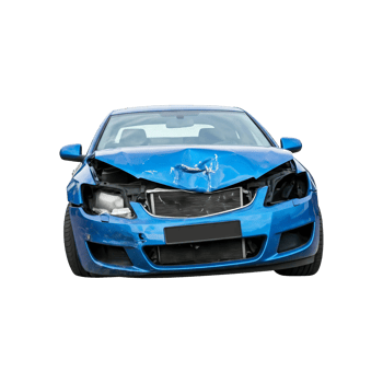 Front view of a blue car severely damaged in a collision png