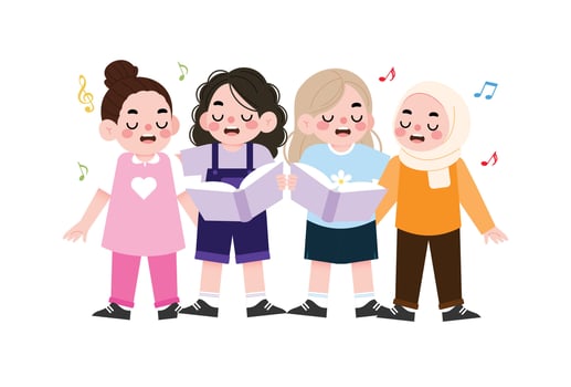 Muslim children singing together, cartoon illustration vector