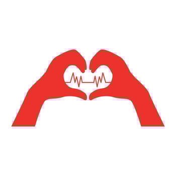 Hands depicting a heart and a heartbeat cardiogram. A logo for medicine, health applications, brochures, flyers, and an icon for cardio workouts vector