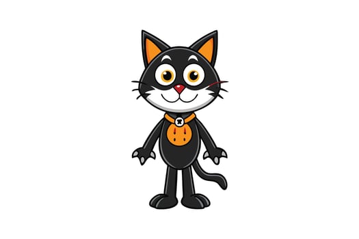 Cheerful Halloween black cat cartoon character, standing upright with vibrant accents and playful pose on white background vector