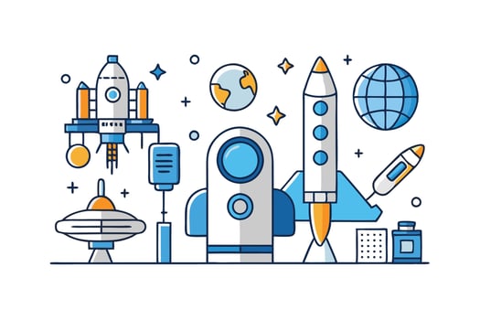Creative space exploration artwork with rockets, astronaut, satellites, planets, and stars in vibrant modern style vector