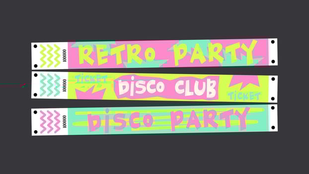 Control ticket bracelets for events, disco, festival, fan zone, party. mockup of a festival bracelet in a futuristic cartoon groovy style vector