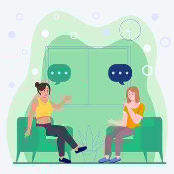 Cartoon illustration of Friends sit in a room. Two young women talking each other. Get together. Coworkers concept. Characters in flat style vector