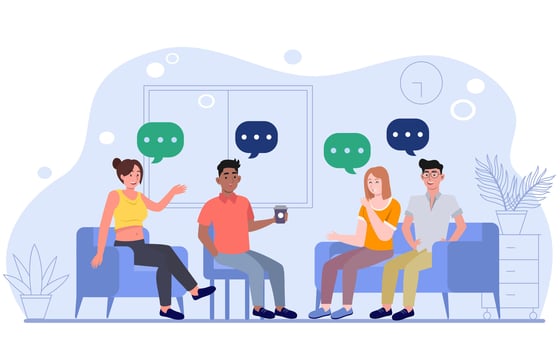 Cartoon illustration of Friends sit in a room. Talking each other. Get together. Coworkers concept. Characters in flat style vector