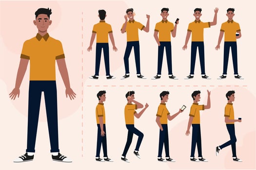 Set of black guy male character in different poses, angle, expression. A man in front, back, side view with headphone, smartphone, cup of coffee, walks, say hallo. illustration in flat style vector