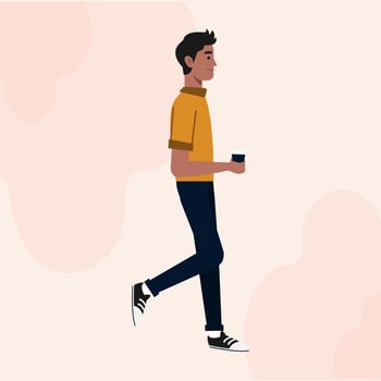 A Black Guy Flat Character Standing Side View Holding A Coffee Cup vector