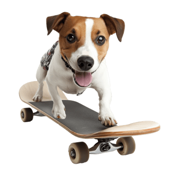 Dog happily skating on a skateboard indoors png