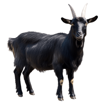Black goat standing in a field with green grass png