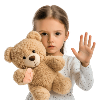 Young child with teddy bear showing concern png