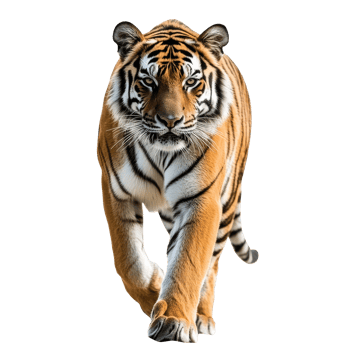 Tiger strides proudly on a white backdrop png
