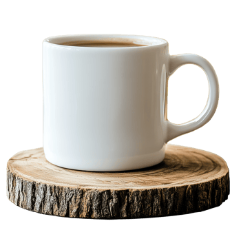 Modern white coffee mug on wooden base png