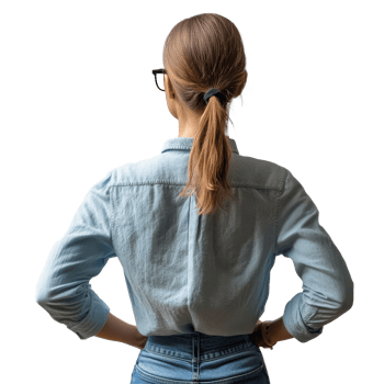 Woman in denim shirt observing her surroundings png