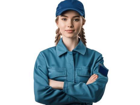 Young woman in blue uniform posing confidently png