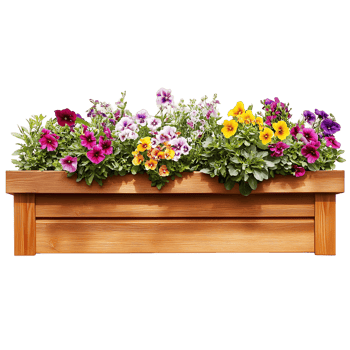 Colorful Flowers in Wooden Planter Box png
