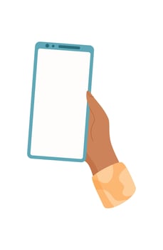 A hand holds a mobile phone with a blank screen. A user holds digital device for various applications. This mobile phone allows for touch gestures and simple navigation. Modern concept, ideal vector