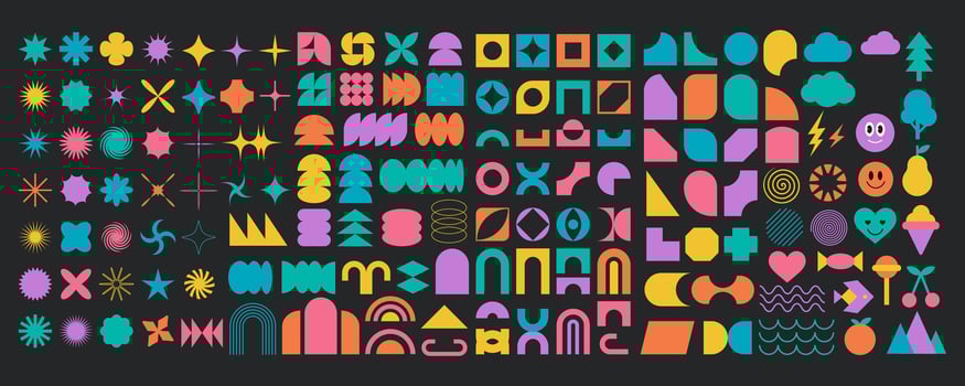 Modern brutalist flat symbol art set, vintage trendy memphis silhouette shape illustration, abstract simple cartoon figure design collection, geometric brutalism graphic in trendy 90s groovy style. vector