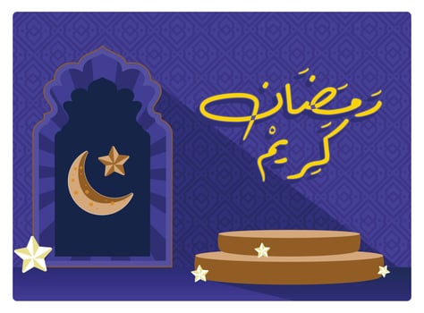 Ramadan Kareem banner with Arabic calligraphy, blank podium, crescent moon, and stars. vector