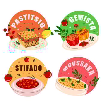 Greek cuisine sticker set, food, dish. Pastitsio, moussaka, dolmades, souvlaki, stifado, gemista, greek salad. illustration isolated on white background vector