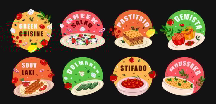 Greek cuisine sticker set, food, dish. Pastitsio, moussaka, dolmades, souvlaki, stifado, gemista, greek salad. Flat illustration vector