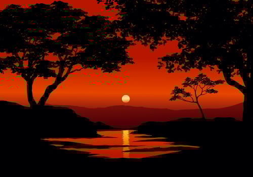 River and forest sunset. Silhouette of trees in foreground and the sun and red sky in background vector