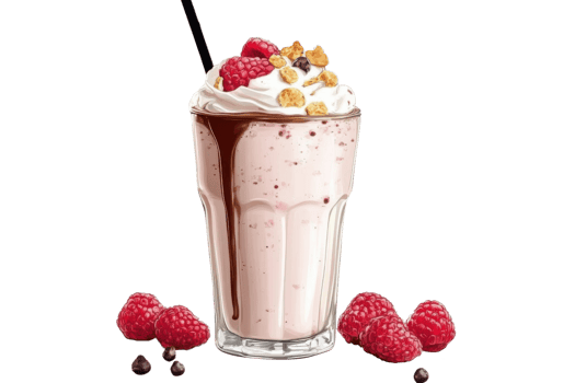 raspberry milkshake with whipped cream and chocolate topping on transparent background png