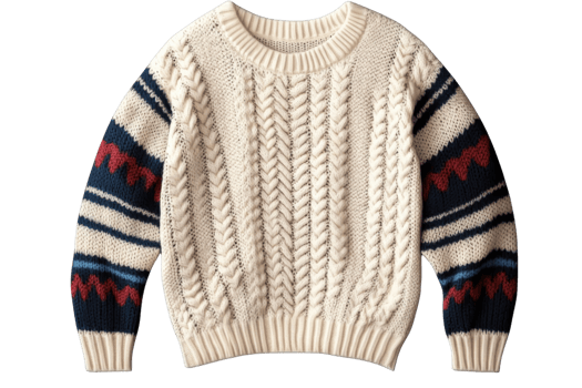 cream cable knit sweater with colorful striped sleeves on transparent background png