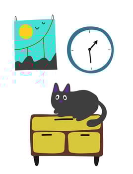 Cat on the dresser. Clock. Painting. Home interior concept. Handdrawing vector