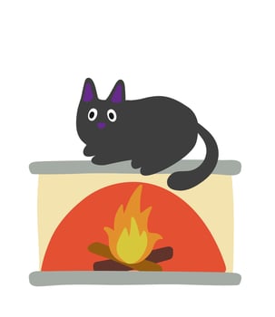 Living room interior objects set. Cute hand drawn doodle house furniture. Black cat on the fireplace. vector