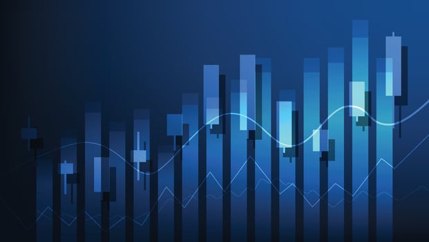 business bar graph and stock market candlesticks on blue background vector