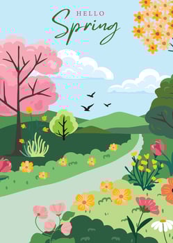 Spring landscape background with mountain,road and tree for a4 vertical magazine design vector